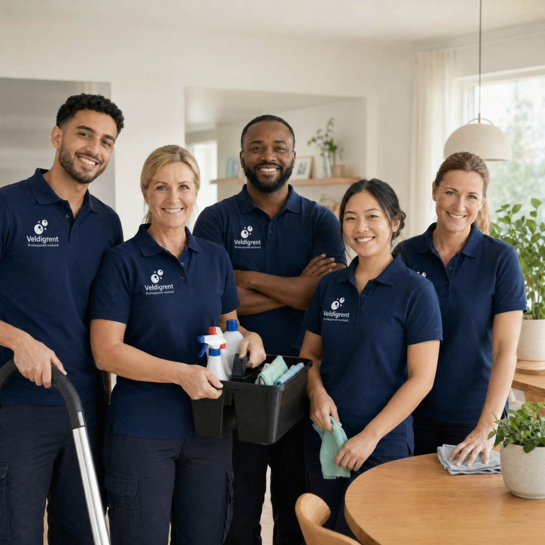 Veldigrent-teamet — profesjonelle renholdere i uniform klare for oppdrag