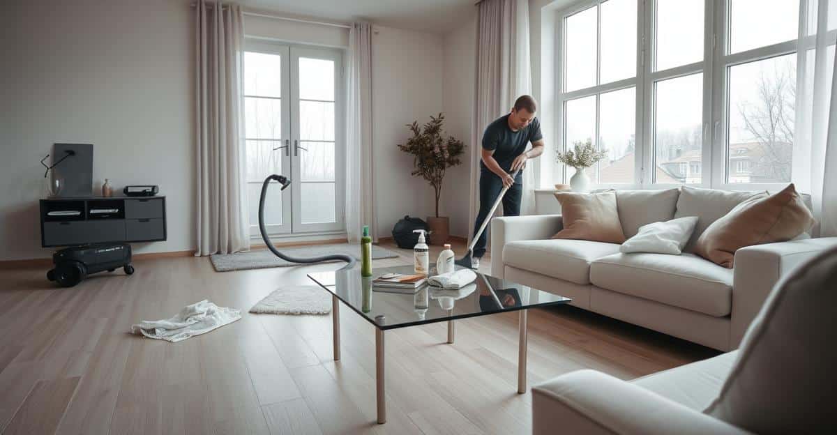 To profesjonelle rengjørere utfører visningsvask hjemme i moderne, minimalistisk skandinavisk stue med naturlig lys.