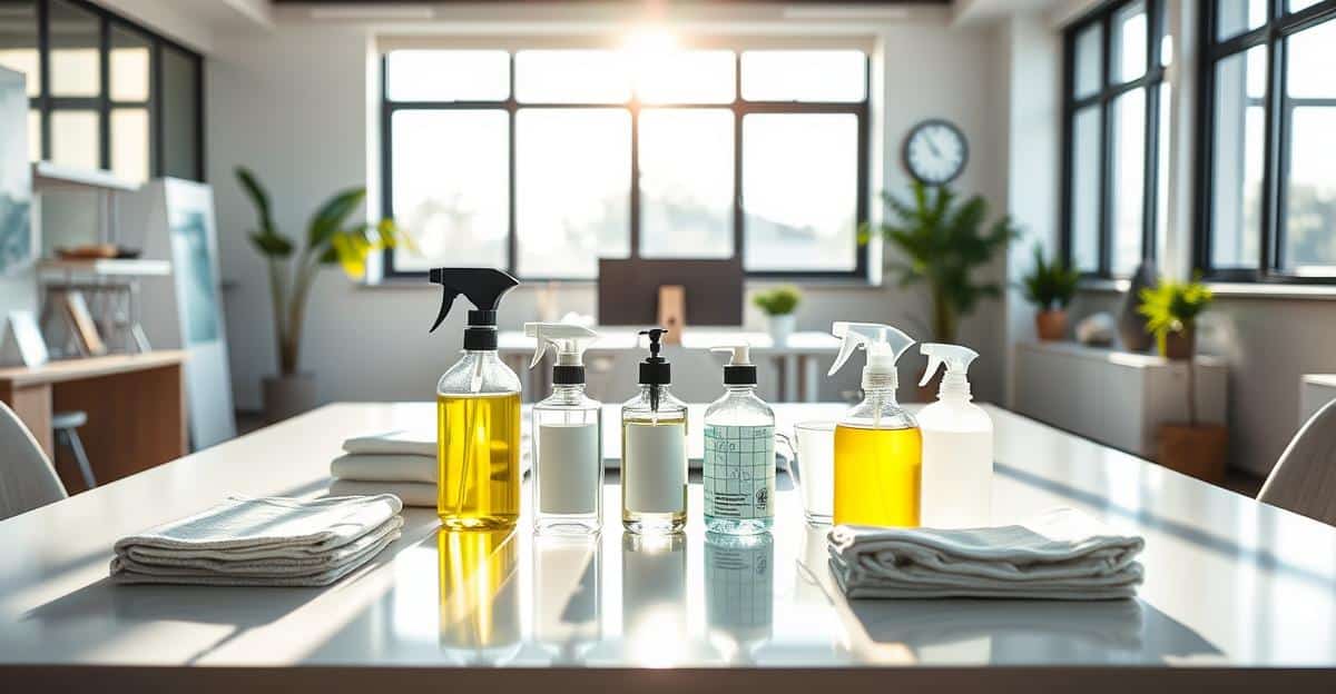 Lys og moderne kontor med rene kontorvask rutiner og miljøvennlige rengjøringsprodukter på skrivebordet