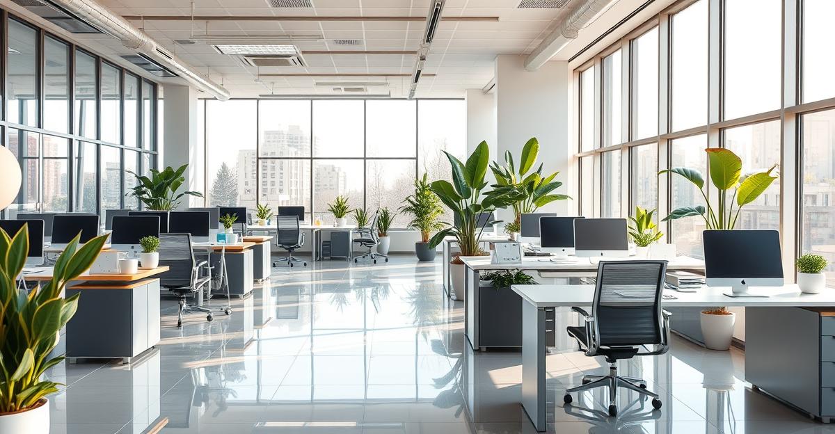 Lyst og rent kontor med moderne møbler og kontorvask tjenester Oslo som skaper en frisk og profesjonell atmosfære