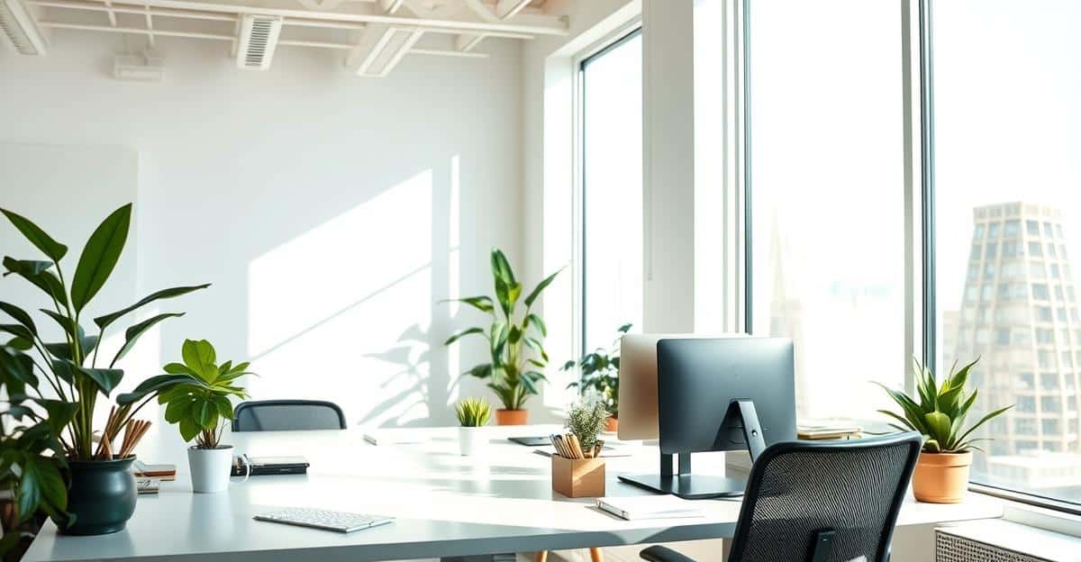 Ryddig og lys kontorplass med kontorvask rutiner for en frisk og produktiv hverdag uten stress