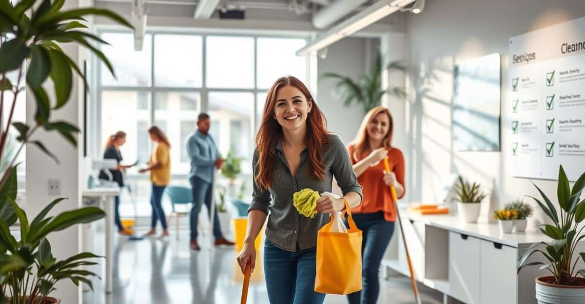 Lys kontor med folk som følger kontorvask rutiner, bruker miljøvennlige produkter for et rent og sunt kontor